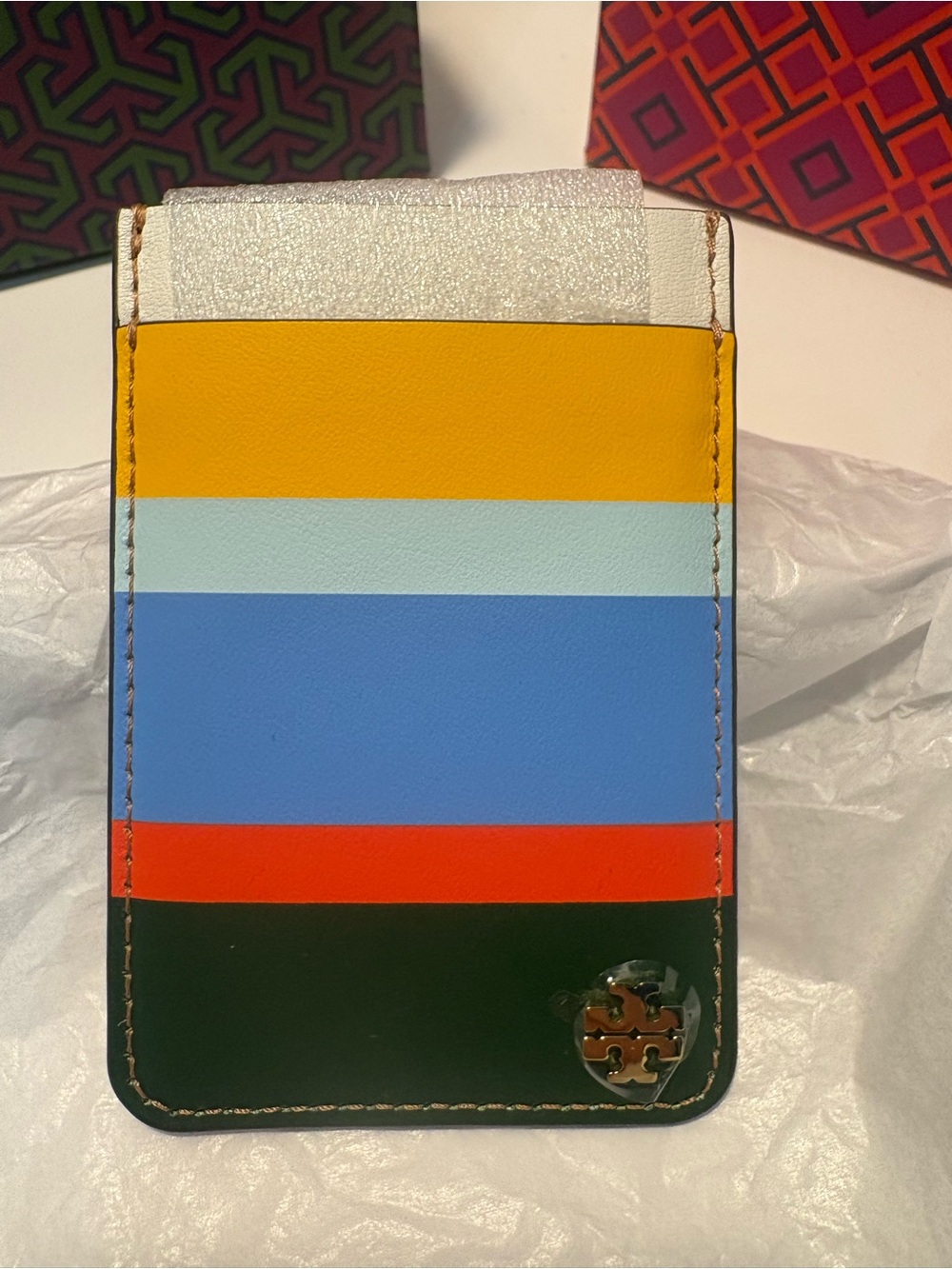 Tory Burch Multicolor Stripe Leather Card Holder - Blue/Yellow/Green